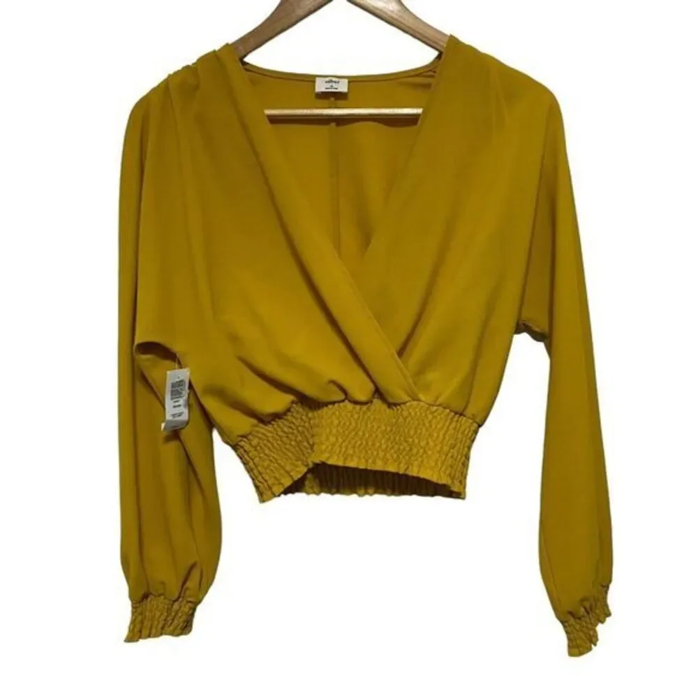 Aritzia Wilfred‎ Blouse Womens XS Yellow Gold Long Sleeve Reign Wrap Crepe Crop